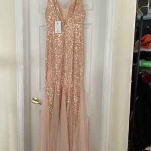 Rose Gold Sequin Evening Gown with Tulle Skirt
